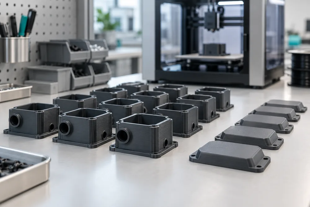 Série de pequenas caixas técnicas fabricadas por impressão 3D