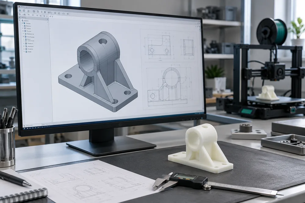 Tela com projeto CAD tridimensional de componente mecânico e peça impressa em 3D