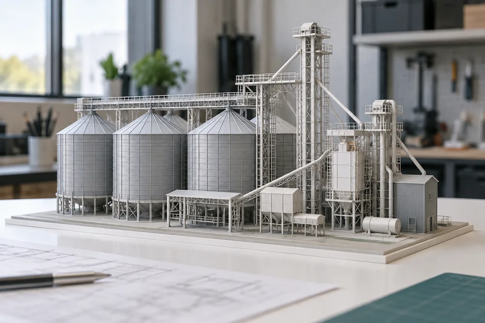 Maquete de uma instalação de processamento e armazenagem de grãos