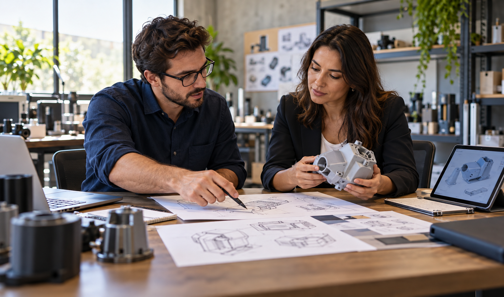 Equipe de engenharia e desenvolvimento avaliando conceito de novo produto industrial
